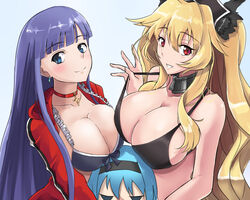  3girls anne_bonny_(fate) anne_bonny_(swimsuit_archer)_(fate) anne_bonny_(swimsuit_archer)_(first_ascension)_(fate) bikini black_bikini blonde_hair blue_eyes blue_hair blunt_bangs breast_envy breast_rest breasts breasts_on_head choker cleavage commentary_request earrings fate/grand_order fate_(series) hairband jacket jewelry large_breasts long_hair martha_(fate) martha_(swimsuit_ruler)_(fate) martha_(swimsuit_ruler)_(second_ascension)_(fate) mary_read_(fate) mary_read_(swimsuit_archer)_(fate) mary_read_(swimsuit_archer)_(first_ascension)_(fate) multiple_girls purple_hair red_eyes smile swimsuit takara_joney 