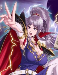  armor armpits belt black_cape black_choker book boots breasts bridal_gauntlets cape casting_spell choker cleavage collar commentary cross cross_earrings dress earrings elbow_gloves eyelashes female fire_emblem fire_emblem:_genealogy_of_the_holy_war gloves high_collar holding holding_book ishtar_(fire_emblem) jewelry large_breasts leg_up light_purple_hair lips long_hair necklace pauldrons ponytail purple_dress purple_eyes rakusai_(saisai_garou) serious shoulder_armor sidelocks thigh_boots thighhighs tsurime very_long_hair white_footwear white_gloves 