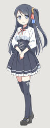  alternate_costume black_hair black_thighhighs blue_eyes breasts chinese_commentary commentary_request dress eyebrows female grey_background hatsunatsu highres krt_girls long_hair long_sleeves looking_at_viewer medium_breasts meme_attire one_side_up original pleated_skirt ribbon simple_background skirt solo thighhighs v_arms virgin_killer_outfit xiao_qiong 