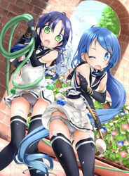  2girls ayuya_naka_no_hito black_gloves black_thighhighs blue_eyes blue_hair blue_sky blush clothes_lift commentary_request day dutch_angle elbow_gloves flower gloves green_eyes hair_between_eyes hose kantai_collection long_hair looking_at_another looking_at_viewer low_twintails multiple_girls one_eye_closed open_mouth outdoors panties ponytail purple_hair sailor_collar samidare_(kancolle) school_uniform serafuku shirt single_horizontal_stripe skirt skirt_lift sky sleeveless sleeveless_shirt suzukaze_(kancolle) thighhighs thighs tree trim_marks triple_horizontal_stripe twintails underwear very_long_hair water wet wet_clothes 