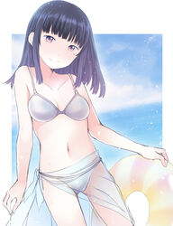  bikini black_hair collarbone commentary_request cowboy_shot dutch_angle female highres long_hair looking_at_viewer mole mole_under_eye original photoshop_(medium) purple_eyes sarong see-through shichouson smile solo swimsuit 