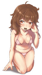  ahoge bare_arms bikini blush breasts breasts_apart brown_hair candy chocolate closed_mouth collarbone commentary_request copyright_request female food full_body hair_between_eyes head_tilt heart heart-shaped_chocolate highres kneeling long_hair looking_at_viewer medium_breasts mouth_hold piano-alice pink_bikini solo swimsuit white_background 