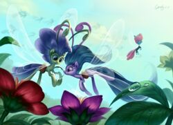  2018 antennae_(anatomy) bag blue_eyes blue_hair breezie_(mlp) clothed clothing drinking duo_focus equid eyelashes fairy female flower friendship_is_magic grass grin group hair hasbro hi_res hooves insect_wings landypommel mammal my_little_pony outside pink_hair plant purple_eyes purple_hair seabreeze_(mlp) signature silhouette sky smile teeth water water_drop wings 