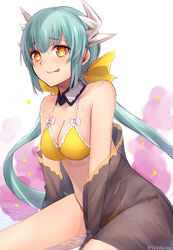  :p aqua_hair bad_id bad_pixiv_id bikini breasts cleavage fate/grand_order fate_(series) female heart heart-shaped_pupils highres horns kiyohime_(fate) kiyohime_(swimsuit_lancer)_(fate) kiyohime_(swimsuit_lancer)_(first_ascension)_(fate) long_hair looking_at_viewer medium_breasts sitting smile solo swimsuit symbol-shaped_pupils tongue tongue_out yellow_bikini yellow_eyes yukihama 