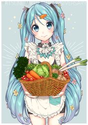  apron aqua_nails ascot bad_id bad_pixiv_id basket bell_pepper black_ascot blue_eyes blue_hair blue_nails cabbage carrot carrot_hair_ornament character_name cowboy_shot female flower food-themed_hair_ornament frilled_apron frills green_pepper hair_flower hair_ornament hairclip hatsune_miku highres holding holding_basket lettuce long_hair looking_at_viewer nail_polish onion potato simple_background smile solo spring_onion tomato twintails umeno very_long_hair vocaloid 