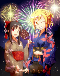  2girls :d aerial_fireworks alternate_costume alternate_hairstyle animal_print bag bird_print black_hair blonde_hair bow commentary_request dragonfly_print festival fireflies fireworks floral_print flower grin hair_flower hair_ornament hair_tubes hair_up hairbow hakurei_reimu hand_fan handbag highres holding japanese_clothes kimono kirisame_marisa long_sleeves looking_at_viewer multiple_girls nail_polish nekomaranai night obi one_eye_closed open_mouth outdoors paper_fan pink_nails red_eyes sash short_hair short_ponytail sidelocks smile star_(symbol) star_hair_ornament touhou uchiwa yellow_eyes yukata 