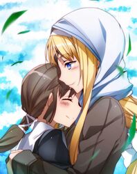  2girls alice_zuberg bad_id bad_pixiv_id black_ribbon blonde_hair blue_eyes blue_sky blush bow braid brown_hair bunbun character_request closed_eyes cloud cloudy_sky colorized day eyepatch hair_ribbon hairbow hand_up height_difference highres hug long_hair multiple_girls outdoors ribbon selka_zuberg siblings single_braid sisters sky smile sword_art_online sword_art_online:_alicization sword_art_online:_alicization_-_war_of_underworld upper_body very_long_hair white_bow yoru_kiri 