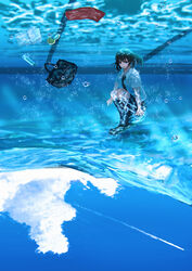  arms_at_sides bag bare_arms black_hair black_legwear blue_eyes blue_sky blue_theme cloud commentary day female highres knees_up kojomi_(7j543) long_hair looking_down open_mouth original outdoors outstretched_arms partially_underwater_shot photoshop_(medium) pool scenery school_uniform shirt short_sleeves skirt sky smile solo submerged swimming upside-down water 