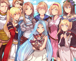  3boys 6+girls ^_^ ahoge armor bad_id bad_pixiv_id bare_shoulders beard blonde_hair blue_eyes blue_hair bow brown_hair cigarette closed_eyes crossed_arms djeeta_(granblue_fantasy) dragon dress eugen_(granblue_fantasy) eyepatch facial_hair fighter_(granblue_fantasy) flower gauntlets gran_(granblue_fantasy) granblue_fantasy grin hair_flower hair_ornament hair_ribbon hairbow hug hug_from_behind io_(granblue_fantasy) katalina_(granblue_fantasy) long_hair looking_at_viewer lyria_(granblue_fantasy) mikan-uji moustache multiple_boys multiple_girls orange_eyes photoshop_(medium) pink_dress ponytail rackam_(granblue_fantasy) ribbon rosetta_(granblue_fantasy) short_hair smile twintails vira_(granblue_fantasy) vyrn_(granblue_fantasy) white_dress yellow_eyes 