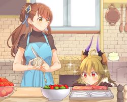  2girls ahoge apron bad_id bad_pixiv_id beatrix_(granblue_fantasy) blonde_hair blush brown_hair casual draph fish food granblue_fantasy hair_ornament horns knife ladle long_hair meat mikan-uji multiple_girls pepper_mill ponytail pot potato red_eyes salt_mill smile sparkle table threo_(granblue_fantasy) tomato vegetable window yellow_eyes 