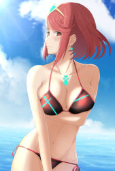  arm_under_breasts bare_shoulders bikini blue_sky breast_hold breasts cleavage closed_mouth cloud commentary_request cowboy_shot day earrings female hair_ornament highres jewelry large_breasts looking_at_viewer mebi_il navel ocean outdoors pyra_(xenoblade) red_bikini red_eyes red_hair short_hair side-tie_bikini_bottom sky solo sweat swept_bangs swimsuit xenoblade_chronicles_(series) xenoblade_chronicles_2 