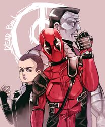  2boys animification bad_id bad_pixiv_id bodysuit cellphone clenched_hand coat colossus_(x-men) copyright_name deadpool deadpool_(movie) deadpool_(series) female frown lipstick makeup marvel metal_skin multiple_boys negasonic_teenage_warhead nishimatsuya phone pink_lips shaved_head smartphone superhero_costume x-men 