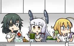  3girls alternate_costume apple apron bag banana bell_pepper blender_(object) blonde_hair blue_eyes book broccoli brown_eyes carrot celery clothes_writing commentary_request counter cucumber dated eyepatch food fruit glasses green_eyes green_hair green_pepper grey_hair hair_ribbon hamu_koutarou headgear highres i-8_(kancolle) kantai_collection kiso_(kancolle) long_hair low_twintails medium_hair multiple_girls murakumo_(kancolle) one-hour_drawing_challenge plastic_bag reading red-framed_eyewear ribbon shirt sidelocks t-shirt thick_eyebrows tress_ribbon twintails vegetable white_hair white_shirt 