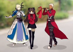  1boy 2girls ahoge archer_(fate) armor armored_dress artoria_pendragon_(fate) black_hair black_skirt black_thighhighs blonde_hair chinese_commentary coat commentary_request covering_own_ears dark-skinned_male dark_skin dress erhu faceless fate/stay_night fate_(series) gauntlets hair_bun hair_ribbon instrument long_hair long_sleeves meme multiple_girls music playing_instrument red_coat ribbon saber_(fate) short_hair single_hair_bun skirt suona thighhighs tohsaka_rin trench_coat trumpet trumpet_boy_(meme) two_side_up white_hair yaoshi_jun zettai_ryouiki 