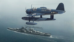  aircraft airplane commentary_request cruiser highres military military_vehicle no_humans ocean original people photoshop_(medium) scenery seaplane seo_tatsuya ship smoke smokestack star_(symbol) united_states_navy uss_cleveland_(cl-55) vehicle_focus vought_os2u_kingfisher wake warship watercraft world_war_ii 