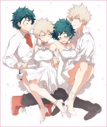  2boys 2girls annoyed ascot bakugou_katsuki bare_shoulders black_footwear blonde_hair blush boku_no_hero_academia boots border breasts choker collared_shirt commentary_request couple dress dress_shirt dual_persona elbow_gloves freckles full_body genderswap_(mtf) gloves green_eyes green_hair halter_dress halterneck high_heels holding_hands long_sleeves looking_at_another looking_away maneki-neko_(fujifuji) medium_breasts midoriya_izuku multiple_boys multiple_girls necktie nose_blush open_mouth red_border red_eyes red_footwear red_necktie rule_63 shirt shoes short_dress short_hair sitting sitting_on_lap sitting_on_person spiked_hair straight sweatdrop white_ascot white_choker white_dress white_footwear white_gloves 