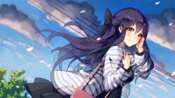  bad_id bad_pixiv_id bag black_bow black_hair black_skirt blue_sky blush bow brown_eyes character_request cloud commentary_request day dutch_angle female hairbow half_updo hand_up handbag highres long_hair looking_at_viewer official_art oninaart outdoors power_lines shirt skirt sky solo standing storia_(game) striped_clothes striped_shirt tree 