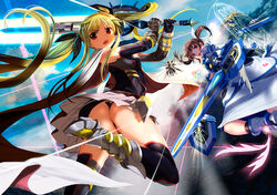  3girls ankle_wings armored_boots armored_gloves ass bardiche_(nanoha) bardiche_(straight_saber_form)_(nanoha) belt beret black_gloves black_thighhighs black_wings blonde_hair book boots breasts brown_eyes brown_hair cape cloud commentary_request detached_sleeves energy_sword fate_testarossa fate_testarossa_(blaze_form_ii) fingerless_gloves floating fortress_(nanoha) gauntlets gloves glowing hair_ribbon hat highres holding holding_sword holding_weapon holographic_monitor juliet_sleeves long_hair long_sleeves looking_back lyrical_nanoha magic_circle magical_girl mahou_shoujo_lyrical_nanoha mahou_shoujo_lyrical_nanoha_reflection mikazuki_akira! multiple_girls multiple_wings open_mouth parted_bangs puffy_sleeves ribbon schwertkreuz short_hair short_twintails showgirl_skirt sidelocks skirt sky small_breasts staff strike_cannon sword takamachi_nanoha takamachi_nanoha_(fortress_mode) thighhighs tome_of_the_night_sky twintails very_long_hair weapon white_cape white_skirt winged_footwear wings yagami_hayate 