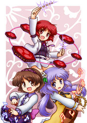  3girls beamed_sixteenth_notes belt biwa_lute blush breasts brown_eyes brown_hair commentary_request dress drum drumsticks eighth_note eyebrows flower hair_flower hair_ornament hairband horikawa_raiko instrument jacket long_hair long_sleeves lute_(instrument) medium_breasts mitsudomoe_(shape) multiple_girls musical_note necktie nitamago open_mouth pink_background plaid plaid_shirt purple_eyes purple_hair purple_necktie red_eyes red_hair sharp_sign shirt short_hair skirt skirt_set smile tomoe_(symbol) touhou tsukumo_benben tsukumo_yatsuhashi twintails white_jacket white_skirt 