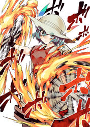  absurdres afterimage backpack bag black_eyes black_gloves black_hair commentary_request cowboy_shot female fire gloves hair_between_eyes hat hat_feather helmet highres kaban_(kemono_friends) kemono_friends looking_at_viewer motion_lines pith_helmet red_shirt shigurio shirt short_hair short_sleeves shorts simple_background smile solo sound_effects standing swirling wavy_hair white_background 