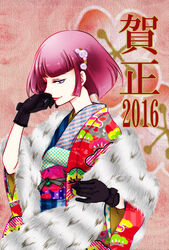  2016 black_gloves blue_eyes commentary female from_side fur-trimmed_kimono fur-trimmed_shawl fur_trim furisode gloves gundam haman_karn haori japanese_clothes kimono layered_clothes masaki3 obi pink_hair print_kimono sash shawl short_hair smile solo unmoving_pattern zeta_gundam 