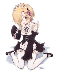  absurdres apron bags_under_eyes bare_shoulders between_legs black_dress blonde_hair blush brown_eyes commentary_request cosplay detached_sleeves dress ear_piercing earrings female frills hair_ornament hair_over_one_eye hairclip hand_between_legs highres idolmaster idolmaster_cinderella_girls jewelry looking_at_viewer maid mary_janes open_mouth piercing re:zero_kara_hajimeru_isekai_seikatsu rem_(re:zero) rem_(re:zero)_(cosplay) ribbon roswaal_mansion_maid_uniform shirasaka_koume shoes short_hair sitting sleeves_past_wrists smile solo takuji_yuusaku thighhighs waist_apron wariza white_thighhighs x_hair_ornament 