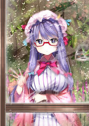  against_glass artist_name bespectacled blue_bow blush book bow commentary_request crescent crescent_hat_ornament dress female fish from_outside glasses hairbow hat hat_ornament highres long_hair long_sleeves looking_at_viewer mob_cap patchouli_knowledge photoshop_(medium) popuru purple_eyes purple_hair rain red-framed_eyewear red_bow sidelocks solo striped_clothes striped_dress touhou wide_sleeves window 