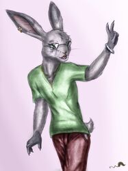  anthro bracelet claws clothed clothing conditional_dnp ear_piercing eyewear fingers fully_clothed fur glasses green_eyes grey_body grey_fur jewelry lagomorph leporid male mammal open_mouth piercing rabbit simple_background solo whimsicalsquirrel whiskers 