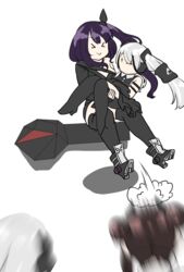  &gt;_&lt; 4girls agent_(girls&#039;_frontline) architect_(girls&#039;_frontline) blurry blurry_foreground boots carrying chibi commentary_request destroyer_(girls&#039;_frontline) gager_(girls&#039;_frontline) girls&#039;_frontline grey_hair hair_ornament hair_tubes highres jumping motion_blur multicolored_hair multiple_girls princess_carry purple_eyes purple_hair sangvis_ferri shima_(wideshi_ma) shorts side_ponytail simple_background thigh_boots thighhighs twintails two-tone_hair white_background 