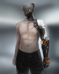  1boy commentary_request cyberpunk cyborg highres male_focus mechanical_arms mihato_senba original prosthesis science_fiction single_mechanical_arm solo topless_male 