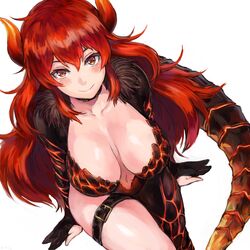  belt_collar black_collar blush breasts breasts_apart brown_eyes buckle closed_mouth collar collarbone commentary dola_(1st_costume)_(nijisanji) dola_(nijisanji) dragon_girl dragon_horns dragon_tail female from_above fur_collar hair_between_eyes horns large_breasts long_hair looking_at_viewer looking_up navel nijisanji red_hair scales shiny_skin shu-mai simple_background sitting smile solo tail thigh_strap virtual_youtuber white_background 