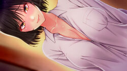  blush breasts brown_hair cleavage closed_mouth collarbone collared_shirt dress_shirt dutch_angle female game_cg highres kyonyuu_hitozuma_mitarai_nadeshiko_anata_ga_inakunattara_watashi_wa.... large_breasts long_sleeves looking_at_viewer naked_shirt no_bra non-web_source photoshop_(medium) shirt short_hair smile solo suishoku_sendan sweat unbuttoned unbuttoned_shirt upper_body white_shirt yellow_eyes 