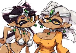  +_+ 2girls bad_id bad_twitter_id breasts callie_(splatoon) cleavage commentary_request cosplay covered_nipples dark-skinned_female dark_skin dragon_quest dragon_quest_iv earrings hand_on_own_hip inkling jewelry large_breasts manya_(dq4) manya_(dq4)_(cosplay) marie_(splatoon) metal_bikini minea_(dq4) minea_(dq4)_(cosplay) mole mole_under_eye multiple_girls navel off_shoulder one_eye_closed pointy_ears simple_background smile splatoon_(series) splatoon_1 tentacle_hair white_background yuta_agc 