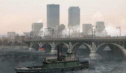  american_flag arch bird boat bridge building city commentary_request day highres lamppost lifebuoy morning no_humans original outdoors photoshop_(medium) river scenery seo_tatsuya sky skyline steam swim_ring tree tugboat watercraft 