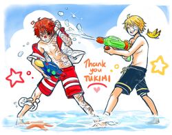  2boys bird blonde_hair commentary_request fukase head_flag hood hoodie james_(vocaloid) male_focus male_swimwear multiple_boys nipples oliver_(vocaloid) point_(vocaloid) red_eyes red_hair ryllen scar shallow_water short_sleeves smile standing star_(symbol) starfish swim_trunks swimsuit thank_you vocaloid wading water water_gun 