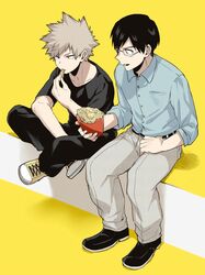  2boys bakugou_katsuki black_hair black_pants black_shirt boku_no_hero_academia collared_shirt commentary_request eating food french_fries full_body glasses grey_hair iida_tenya male_focus maneki-neko_(fujifuji) multiple_boys pants shirt shoes short_sleeves simple_background sitting spiked_hair yellow_background 