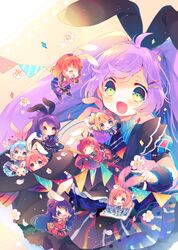  6+girls animal_ears bad_id bad_pixiv_id bow card character_request chibi dorothy_west green_eyes hairbow hojo_sophy long_hair looking_at_viewer manaka_laala minami_mirei multiple_girls nekoto_rina open_mouth playing_card pretty_series pripara purple_hair rabbit_ears reona_west short_hair smile toudou_shion 