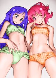  2girls ;p aida_mana asortofcolorfag bikini blue_eyes blue_hair blush bow bow_bra bra colorized commentary_request dokidoki!_precure flipped_hair from_below half_updo hishikawa_rikka kazuma_muramasa long_hair midriff multiple_girls navel one_eye_closed pink_bow pink_eyes pink_hair precure short_hair swimsuit tongue tongue_out training_bra underwear white_background 