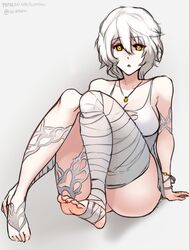  bandage barefoot breasts cleavage feet female jewelry looking_at_viewer necklace parted_lips scathegrapes soles toes white_hair yellow_eyes 