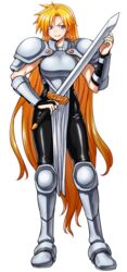  armor blonde_hair blue_eyes female janne_d&#039;arc leather leather_pants long_hair neo_geo skirt sword very_long_hair world_heroes 