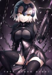  armor black_thighhighs blonde_hair breasts bu_li chinese_commentary commentary fate/grand_order fate_(series) female gauntlets headpiece jeanne_d&#039;arc_alter_(avenger)_(fate) jeanne_d&#039;arc_alter_(fate) looking_at_viewer medium_breasts short_hair sitting smile solo sword thighhighs weapon yellow_eyes 