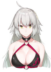  ahoge bare_shoulders bikini black_bikini breasts cleavage closed_mouth collar commentary_request fate/grand_order fate_(series) female glint grey_hair highres jeanne_d&#039;arc_alter_(fate) jeanne_d&#039;arc_alter_(swimsuit_berserker)_(fate) large_breasts long_hair looking_at_viewer muchi_maro nepty_(silkey_vod) o-ring o-ring_top raised_eyebrow simple_background solo swimsuit upper_body white_background yellow_eyes 