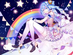  bloomers blue_bow blue_eyes blue_hair bow commentary commentary_typo confetti constellation decorator_(vocaloid) dress female frilled_dress frills hairbow hands_on_own_knees hatsune_miku high_heels highres long_hair looking_at_viewer open_mouth petticoat project_diva_(series) rainbow reflection saegusa_(ainginging) short_dress sitting solo star_(symbol) string_of_flags thighhighs underwear vocaloid white_thighhighs 