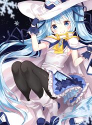  black_pantyhose blue_eyes blue_hair commentary_request female fingerless_gloves gloves grin hat hatsune_miku highres jimmy_madomagi long_hair looking_at_viewer pantyhose skirt smile snowflakes solo suki!_yuki!_maji_magic_(vocaloid) treble_clef twintails very_long_hair vocaloid witch_hat yuki_miku yuki_miku_(2014) 