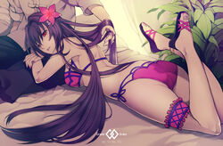  ass bed bed_sheet bikini breast_press breasts commentary_request crossed_arms fate/grand_order fate_(series) female flower from_behind hair_flower hair_ornament hibiscus holding_another&#039;s_hair large_breasts li_shuwen_(fate) li_shuwen_(young)_(fate) li_shuwen_(young)_(first_ascension)_(fate) lips long_hair looking_at_viewer lying lying_on_lap midriff nishi_juuji on_stomach parted_lips purple_bikini purple_hair red_eyes sandals scathach_(fate) scathach_(swimsuit_assassin)_(fate) solo_focus swimsuit the_pose thighs toes very_long_hair 