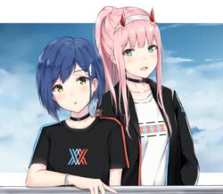  2girls :o adore_(adoredesu) black_jacket black_shirt blue_bracelet blue_eyes blue_hair blush choker collarbone commentary darling_in_the_franxx day fashion green_eyes hair_ornament hairband hairclip highres horns ichigo_(darling_in_the_franxx) jacket jewelry logo long_hair looking_at_viewer multiple_girls oni_horns open_mouth pink_hair ponytail red_horns shirt short_hair sky standing t-shirt white_hairband white_shirt zero_two_(darling_in_the_franxx) 