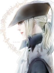  blonde_hair bloodborne blue_eyes female hat highres itsuki_(itsukiovo) lady_maria_of_the_astral_clocktower lipstick makeup ponytail solo the_old_hunters 