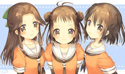  3girls absurdres antenna_hair black_neckerchief brown_eyes brown_hair commentary_request double_bun elbow_gloves girl_sandwich gloves hair_bun highres jintsuu_(kancolle) kantai_collection multiple_girls naka_(kancolle) neckerchief sandwiched scarf school_uniform sendai_(kancolle) serafuku single_thighhigh thighhighs two_side_up white_scarf zuho_(vega) 