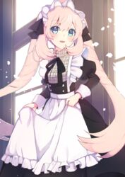  ameshizuku_natsuki apron black_dress blonde_hair blue_eyes colored_eyelashes commentary_request dress fate/grand_order fate_(series) female indoors juliet_sleeves light_particles light_rays long_hair long_sleeves looking_at_viewer maid maid_apron maid_headdress marie_antoinette_(animejapan_2016)_(fate) marie_antoinette_(fate) official_alternate_costume open_mouth parted_lips puffy_sleeves skirt_hold solo twintails window 