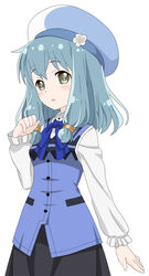  beret blue_hair commentary cosplay cp9a endro! female gochuumon_wa_usagi_desu_ka? green_eyes hat kafuu_chino kafuu_chino_(cosplay) medium_hair meiza_endust minase_inori photoshop_(medium) rabbit_house_uniform solo voice_actor_connection white_background 